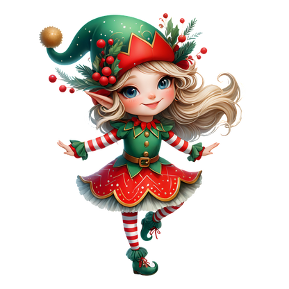 A cheerful elf character in a festive green and red outfit, adorned with holly, captivatingly poses with joy.DTF Transfers dtf transfers