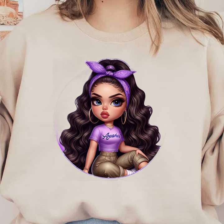 Un personaje elegante con cabello largo y ondulado, que viste un top morado y pantalones beige, y complementa su atuendo con un pañuelo a juego.