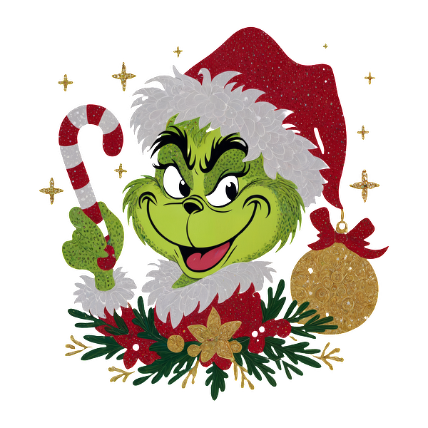 This festive design features the Grinch in a red Santa hat, holding a candy cane amidst Christmas decorations and greenery.DTF Transfers