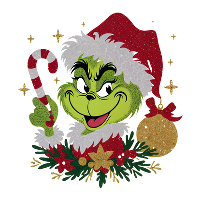 This festive design features the Grinch in a red Santa hat, holding a candy cane amidst Christmas decorations and greenery.DTF Transfers