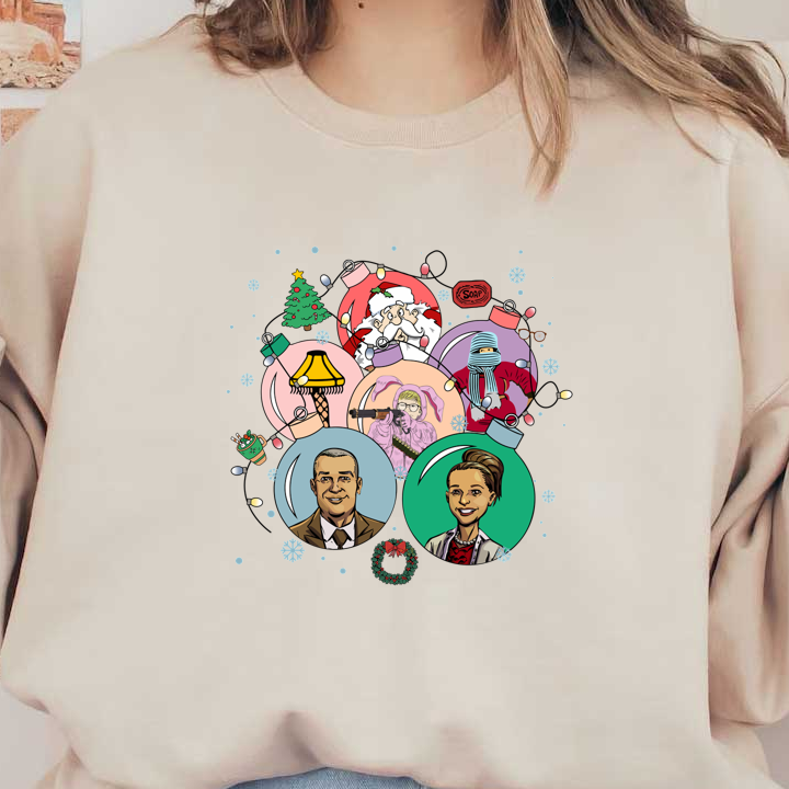 A festive illustration featuring whimsical characters and holiday themes, including Santa, a snowman, and various colorful ornaments.DTF Transfers dtf transfersdtf regular iron