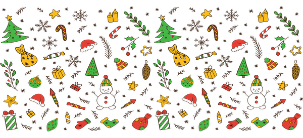 A festive pattern featuring Christmas trees, gifts, stars, and snowflakes in vibrant red, green, and yellow colors.UV Transfers dtf transfers