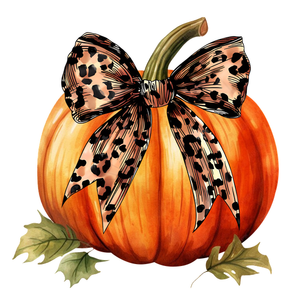 A charming orange pumpkin adorned with a stylish leopard print bow, surrounded by vibrant green leaves. heat press transfers