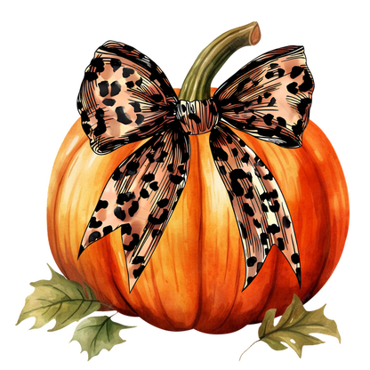 A charming orange pumpkin adorned with a stylish leopard print bow, surrounded by vibrant green leaves. heat press transfers