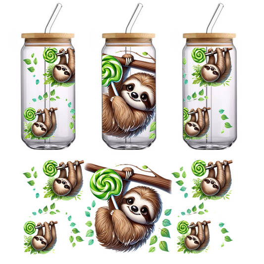 Adorable cartoon sloths hanging from branches, playfully holding green swirl lollipops amidst leaves, creating a whimsical and fun scene.UV Transfersdtf regular iron