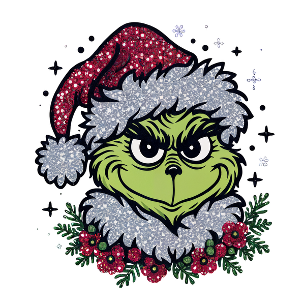 Cheerful Grinch graphic featuring a sparkly Santa hat and festive greenery, perfect for spreading holiday spirit!DTF Transfers dtf transfers