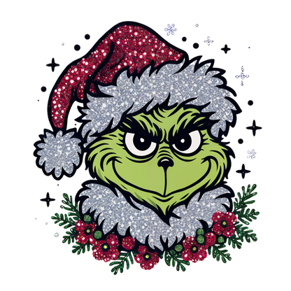 Cheerful Grinch graphic featuring a sparkly Santa hat and festive greenery, perfect for spreading holiday spirit!DTF Transfers dtf transfers