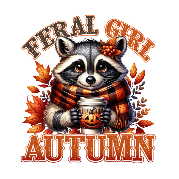 A cute raccoon dressed in a scarf holds a pumpkin coffee cup amidst autumn leaves, with "Feral Girl Autumn" text. heat press transfers