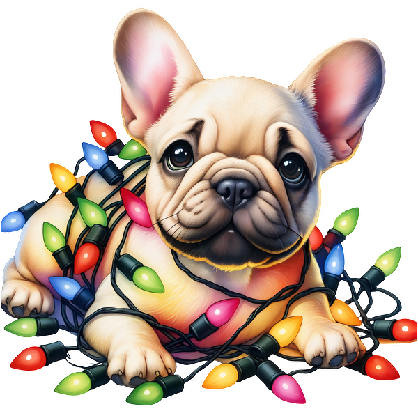 Un adorable Bulldog Francés juguetonamente enredado en coloridas luces navideñas, irradiando encanto y espíritu festivo.