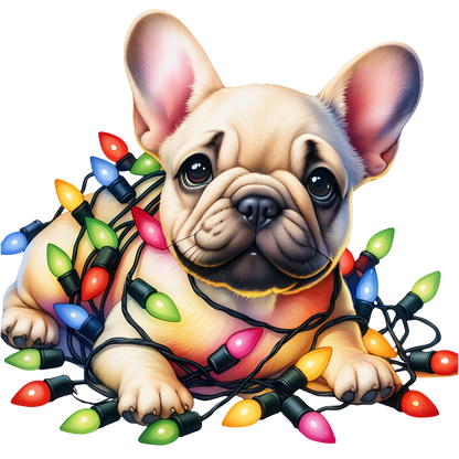 Un adorable Bulldog Francés juguetonamente enredado en coloridas luces navideñas, irradiando encanto y espíritu festivo.