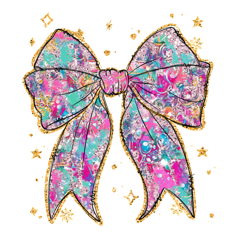 A vibrant and playful graphic bow with a colorful, abstract design and a sparkling gold outline, perfect for adding a fun touch.DTF Transfers dtf prints