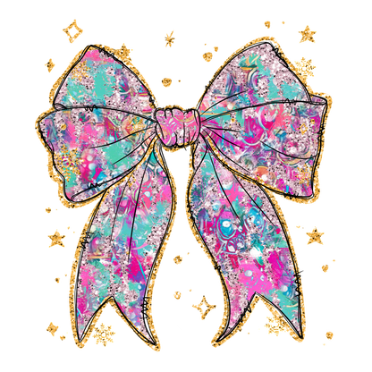 A vibrant and playful graphic bow with a colorful, abstract design and a sparkling gold outline, perfect for adding a fun touch.DTF Transfers dtf prints