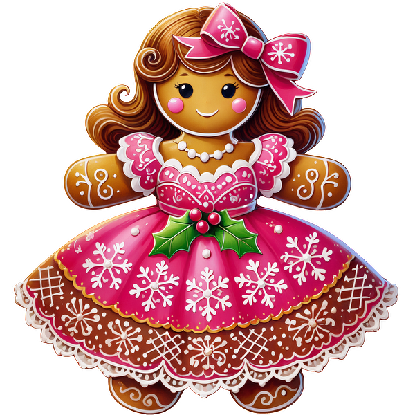 A festive gingerbread girl cookie dressed in a pink snowflake-patterned dress, complete with a matching bow and holly accents.DTF Transfers heat press transfers