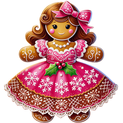 A festive gingerbread girl cookie dressed in a pink snowflake-patterned dress, complete with a matching bow and holly accents.DTF Transfers heat press transfers