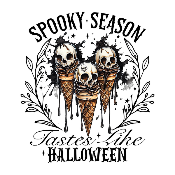 A quirky illustration featuring three ice cream cones topped with skulls, dripping with a dark, gooey substance, perfect for a gothic touch. heat press transfers