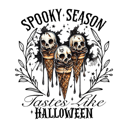 A quirky illustration featuring three ice cream cones topped with skulls, dripping with a dark, gooey substance, perfect for a gothic touch. heat press transfers