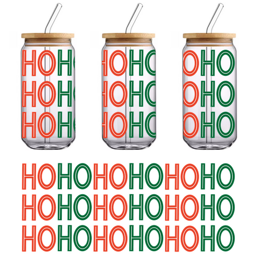 Colorful text design featuring "HOHO" in alternating red and green, perfect for festive holiday decorations.UV Transfersdtf regular iron