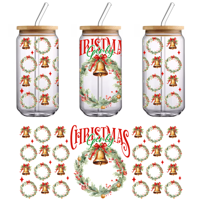 A festive design featuring Christmas wreaths adorned with bells and greenery, highlighted by the playful "Girly" text.UV Transfers dtf transfers