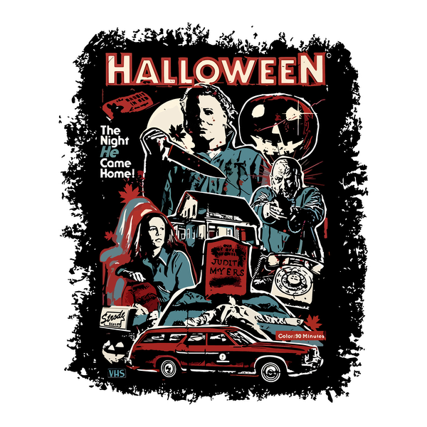 This vibrant Halloween-themed artwork features iconic characters and imagery from the classic horror film, evoking a nostalgic VHS style.