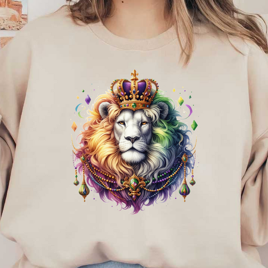 This vibrant artwork features a majestic lion adorned with a royal crown and intricate jewelry, showcasing colorful and flowing fur.DTF Transfers