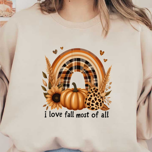 Una encantadora ilustración de otoño que presenta un elegante arcoíris, girasoles, una calabaza y una calabaza con estampado de leopardo con un emotivo mensaje.