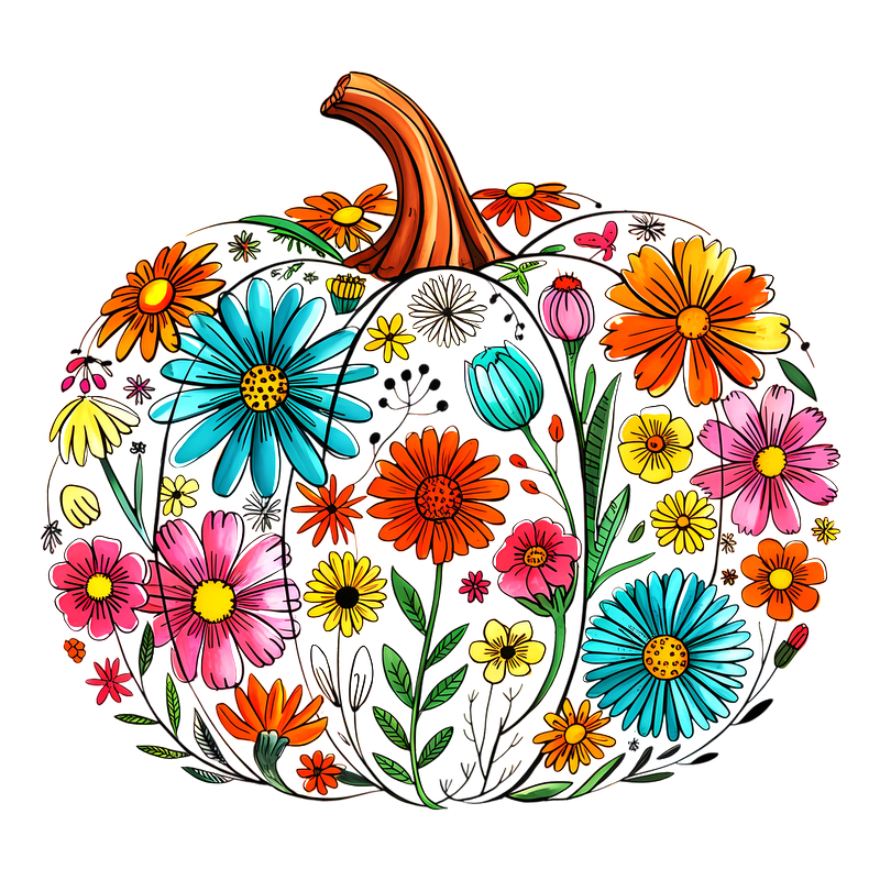 A vibrant pumpkin adorned with colorful flowers, blending autumn and spring themes.DTF Transfers