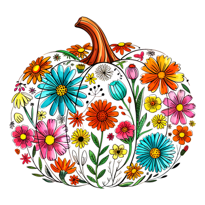 A vibrant pumpkin adorned with colorful flowers, blending autumn and spring themes.DTF Transfers
