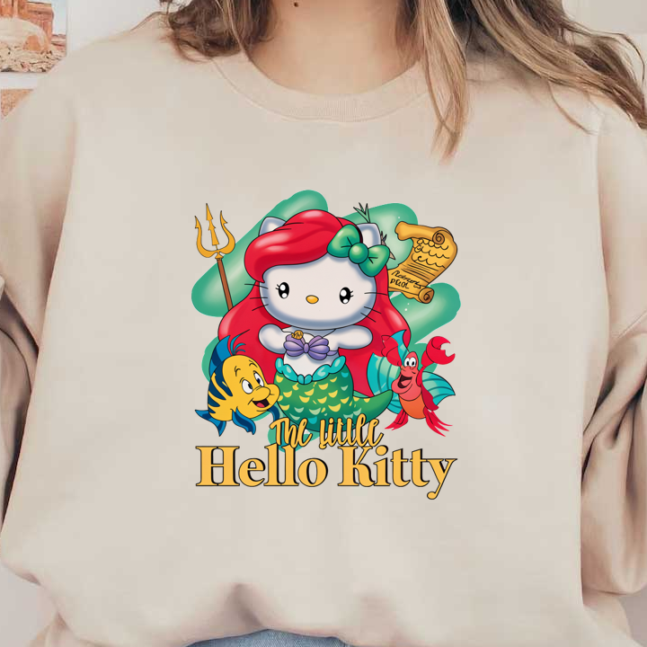 A whimsical blend of Hello Kitty as a mermaid, featuring Ariel’s iconic red hair and her friends Flounder and Sebastian.DTF Transfers heat press transfers