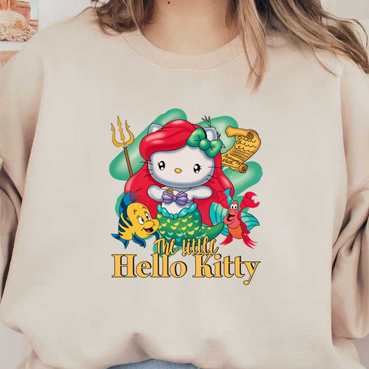 A whimsical blend of Hello Kitty as a mermaid, featuring Ariel’s iconic red hair and her friends Flounder and Sebastian.DTF Transfers heat press transfers