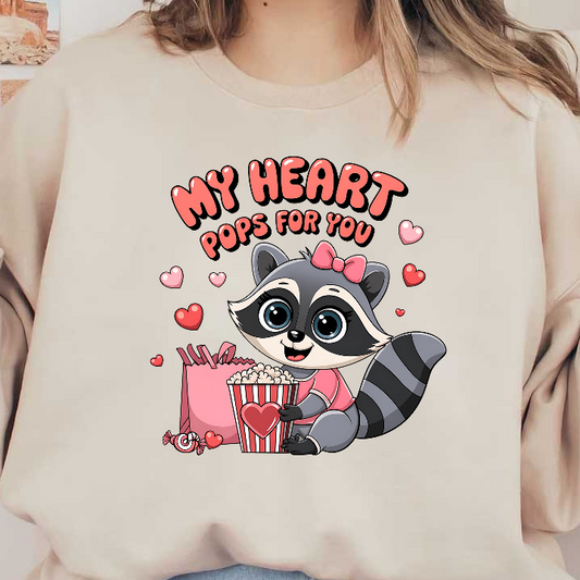 This cute cartoon raccoon in a pink outfit holds popcorn and surrounded by hearts, spreading a sweet Valentine's message!DTF Transfers