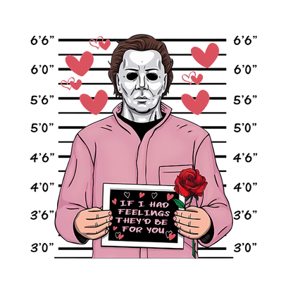 A playful illustration of a masked figure holding a rose and sign that says, "If I had feelings, they'd be for you," surrounded by hearts. dtf prints