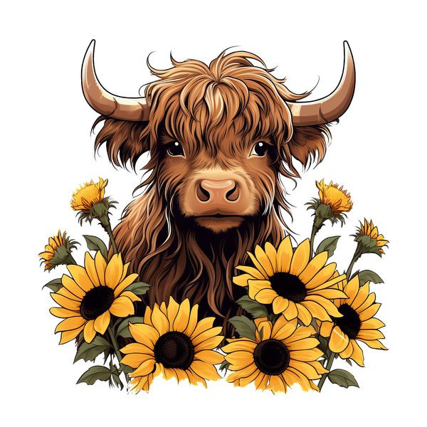 A charming Highland cow surrounded by vibrant sunflowers, featuring a fluffy mane and expressive eyes, adding a rustic touch. dtf prints