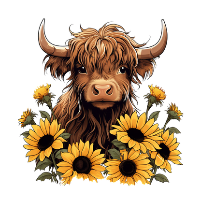 A charming Highland cow surrounded by vibrant sunflowers, featuring a fluffy mane and expressive eyes, adding a rustic touch. dtf prints