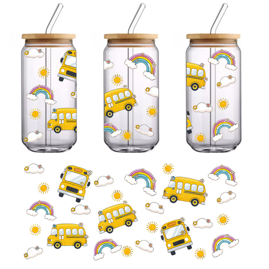 A playful pattern featuring charming yellow school buses, rainbows, sun icons, and fluffy clouds against a bright background.UV Transfers dtf prints