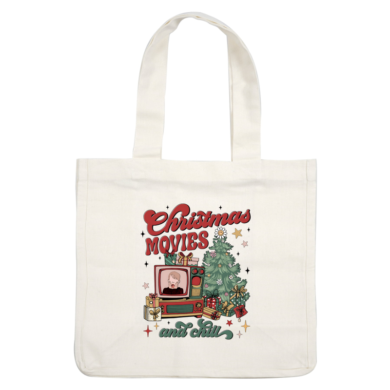 Celebrate the holiday spirit with this festive design featuring a vintage TV, a Christmas tree, and the phrase "Christmas Movies and Chill."DTF Transfers dtf transfers dtf transfers