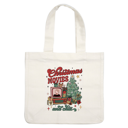 Celebrate the holiday spirit with this festive design featuring a vintage TV, a Christmas tree, and the phrase "Christmas Movies and Chill."DTF Transfers dtf transfers dtf transfers