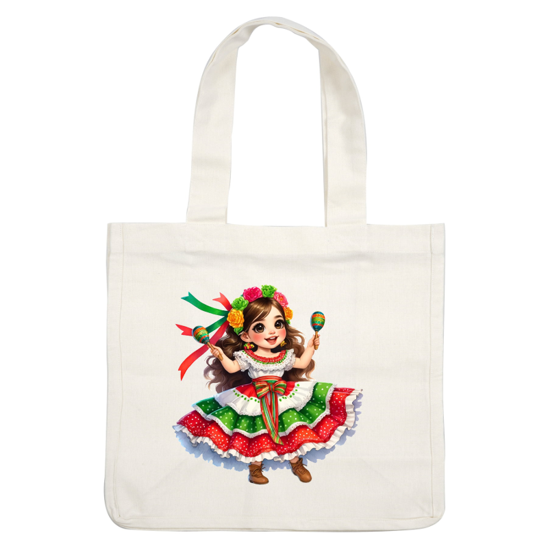 A cheerful girl in a vibrant Mexican dress holds maracas, adorned with a colorful flower crown and festive ribbons.dtf regular iron