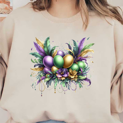 A vibrant arrangement of purple, green, and gold eggs adorned with feathers and flowers, perfect for festive celebrations.DTF Transfers