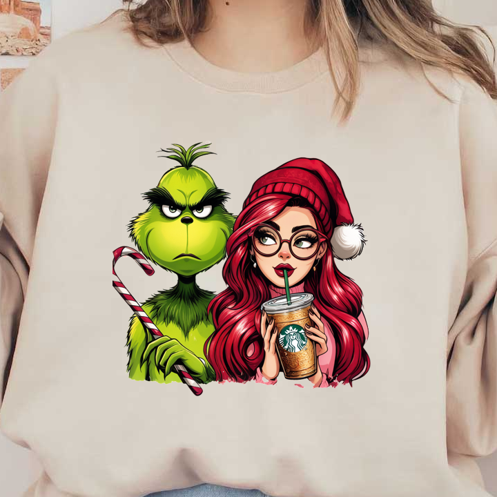 The Grinch stands grumpily next to a stylish girl sipping Starbucks, both embracing a whimsical holiday theme.DTF Transfers