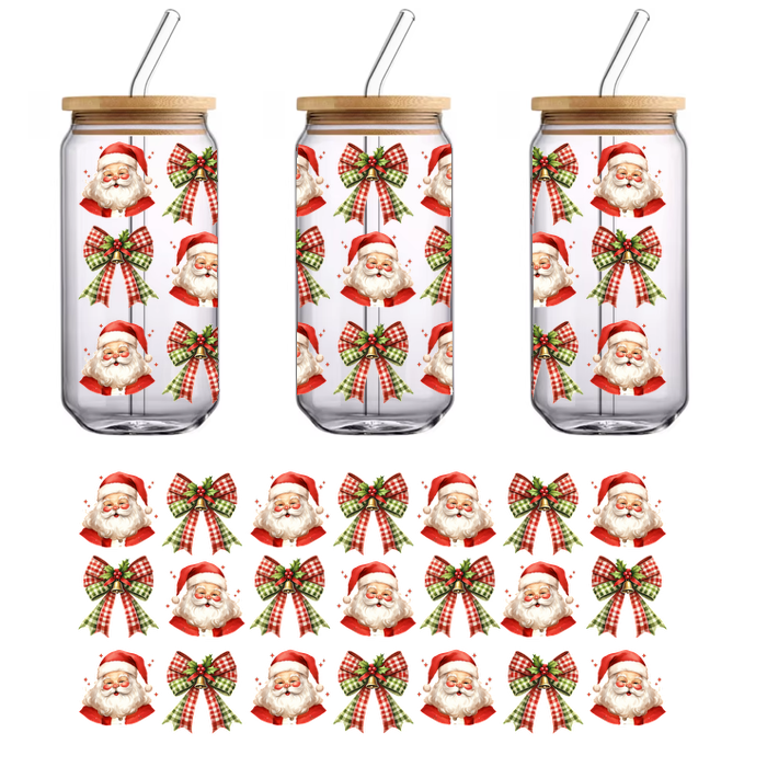 A cheerful pattern featuring Santa Claus faces and festive bows in red and green, perfect for holiday decorations.UV Transfers heat press transfers