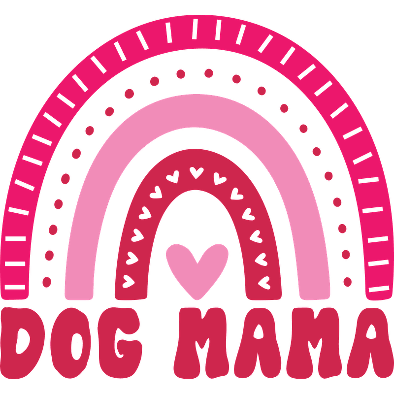 A cheerful design featuring rainbow arcs in pink tones with a heart and the words "DOG MAMA" prominently displayed.DTF Transfers