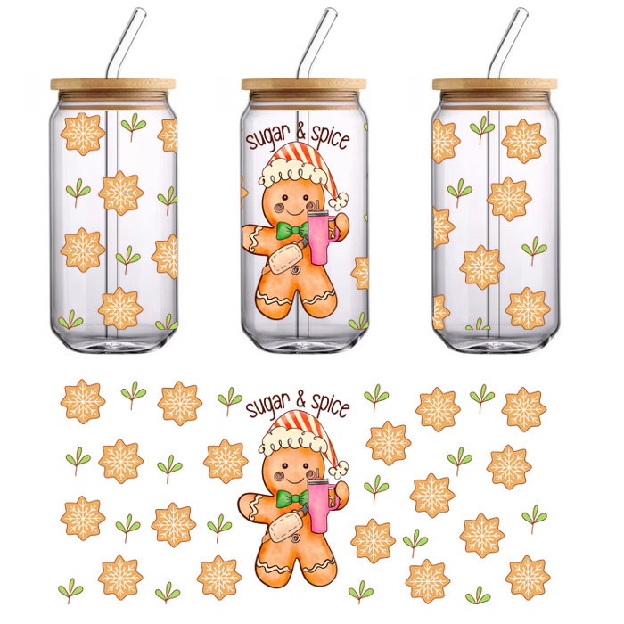 Cheerful gingerbread character wearing a Santa hat holds a drink, surrounded by snowflakes and festive decorations. Perfect for holiday cheer!UV Transfersdtf regular iron