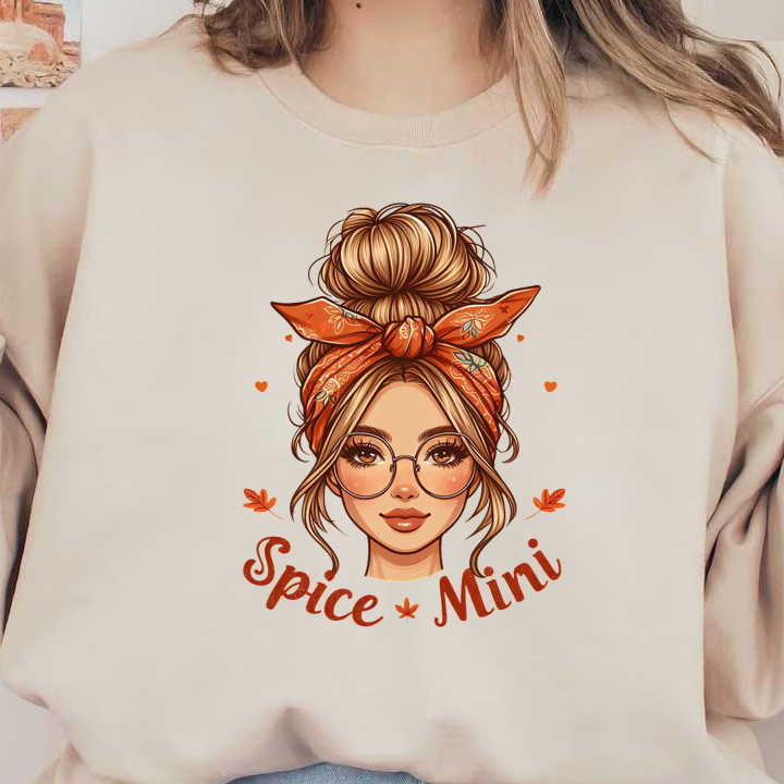 A stylish illustration of a woman with a bun and orange headband, featuring the text "Spice Mini" in a playful design. heat press transfers