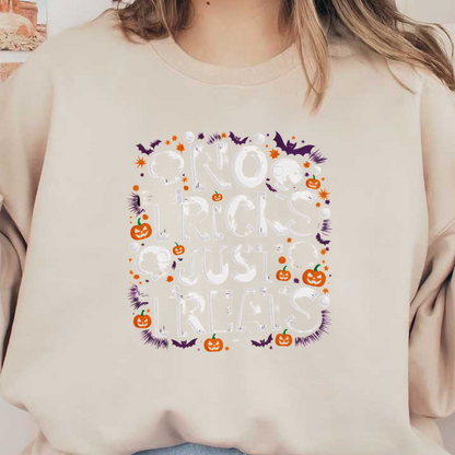 ¡Celebre Halloween con este vibrante diseño "No Tricks Just Treats", adornado con divertidas calaveras y calabazas!