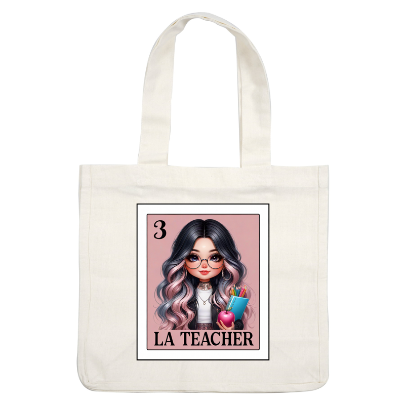 A stylish cartoon character with long black and pink hair, glasses, holding an apple and school supplies, labeled "LA TEACHER." dtf transfers