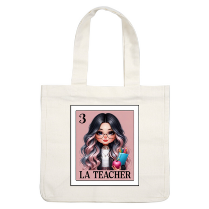 A stylish cartoon character with long black and pink hair, glasses, holding an apple and school supplies, labeled "LA TEACHER." dtf transfers