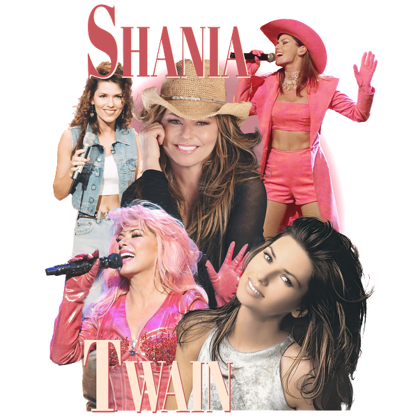 A vibrant collage of Shania Twain, showcasing her iconic looks and moments from her music career.DTF Transfers heat press transfers