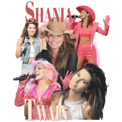 A vibrant collage of Shania Twain, showcasing her iconic looks and moments from her music career.DTF Transfers heat press transfers