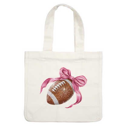 A textured football adorned with a large pink ribbon, blending athleticism and charm in a festive design.dtf regular iron