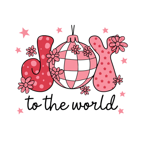 Un diseño alegre que presenta una bola de discoteca estampada rodeada de flores y el texto divertido "Joy to the World" (Alegría para el mundo).